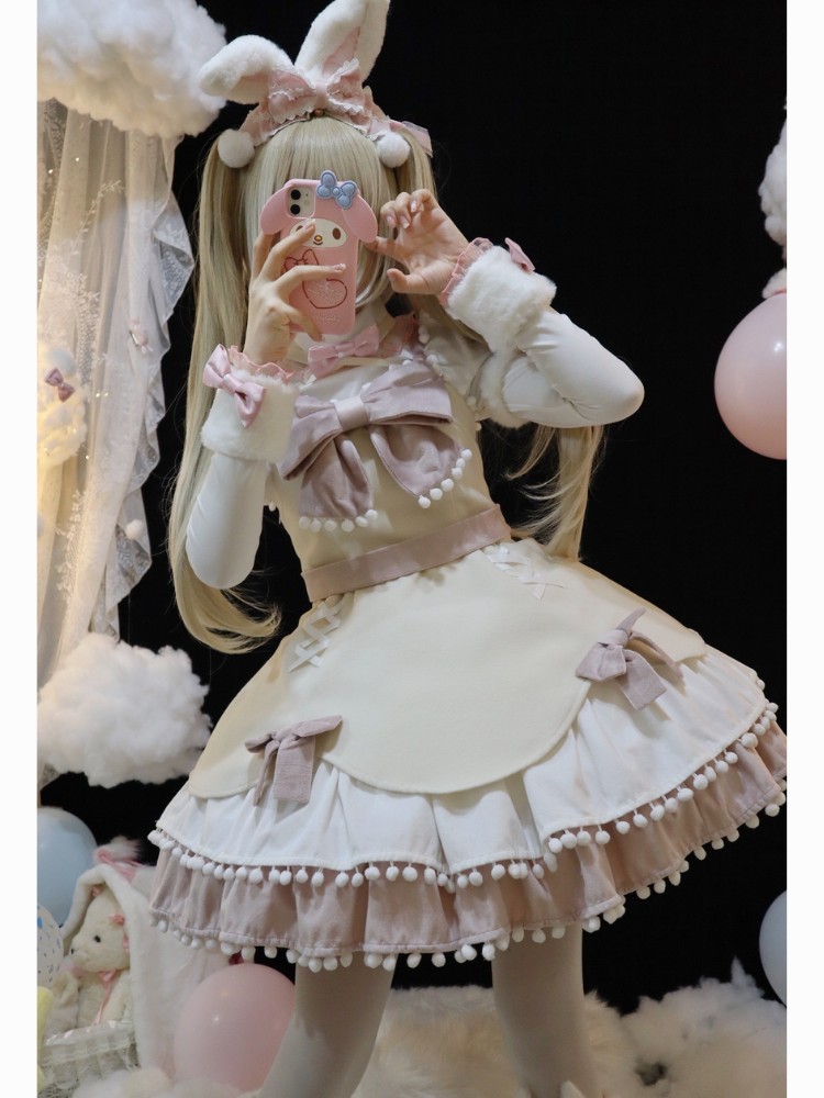 Pompom Trim Tiered Flounce Skirt Bowknot Sweet Winter Lolita Dress