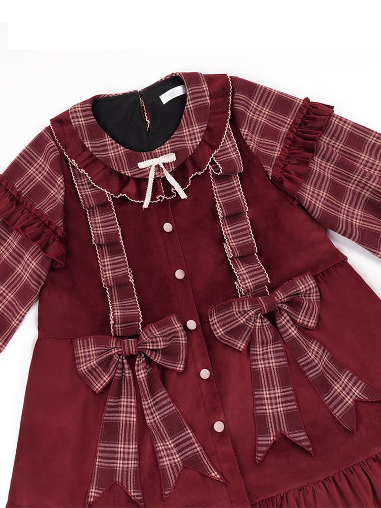 Red Plaid Pattern Christmas Winter Dress Removable Bowknots One Piece