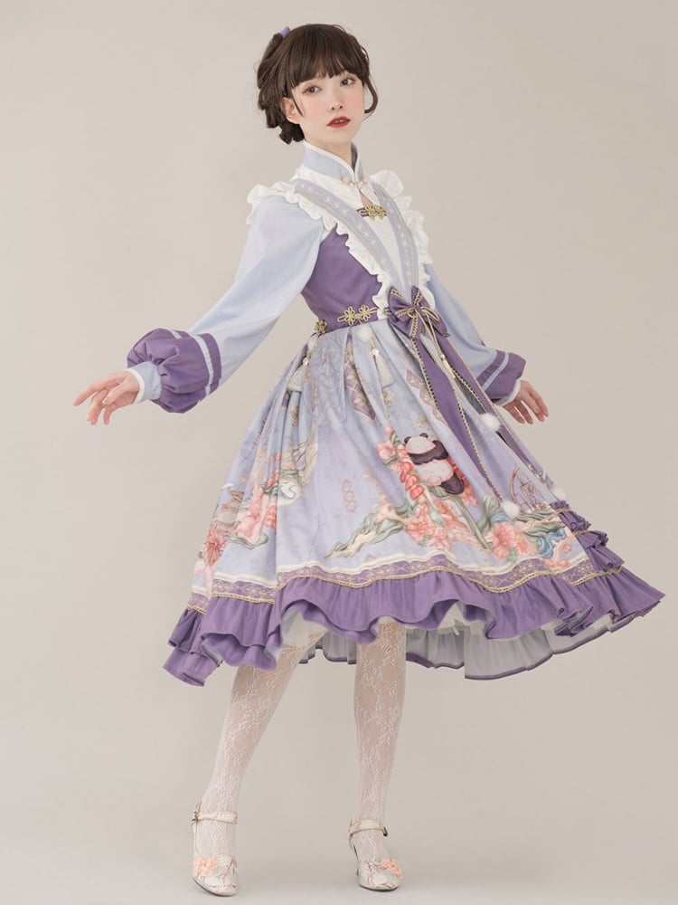 Purple Floral and Panda Print Pompoms Tassel Jumper Skirt