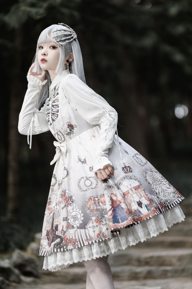 Black/White Fairy Long Leg-of-mutton Sleeves Shirt / U-neckline Jumper Skirt Set