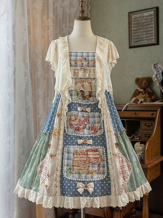 Squirrels Print Patchwork Jumper Skirt Cottagecore Country Dress/Lace Top