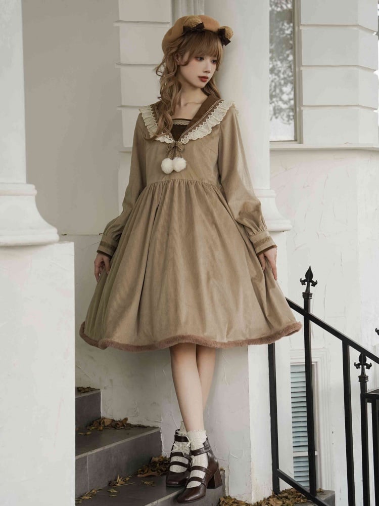 Khaki Sailor Collar Autumn and Winter Dress One Piece