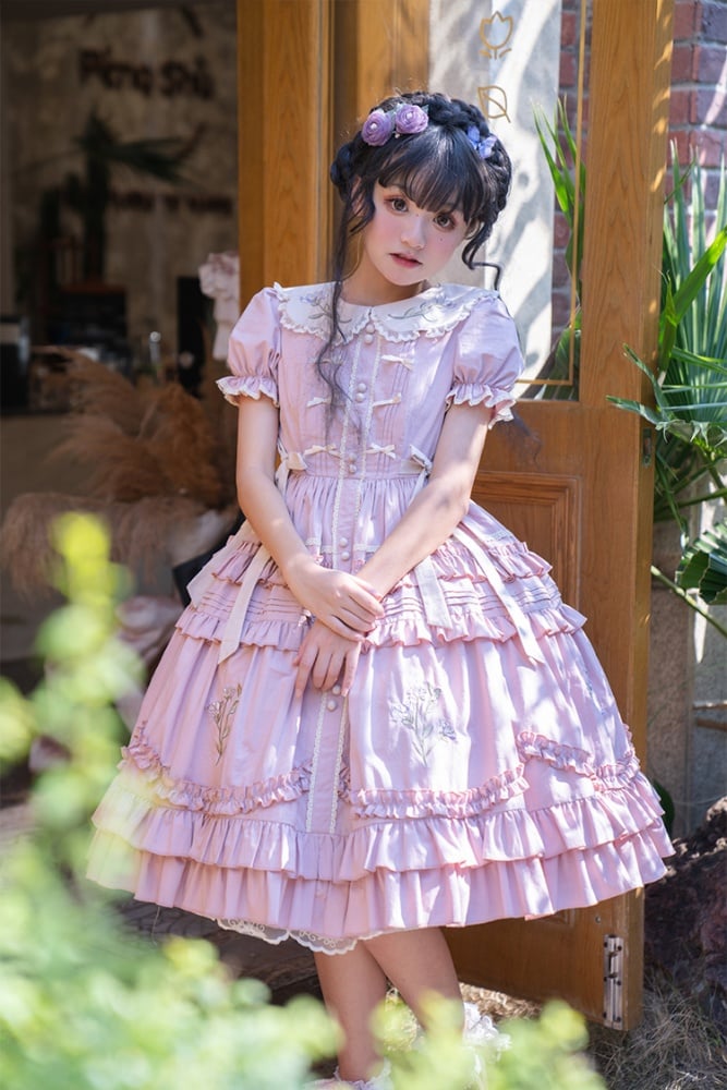 Pink Iris Embroidery Peter Pan Collar Ruffle Hem One Piece - Sukuroi