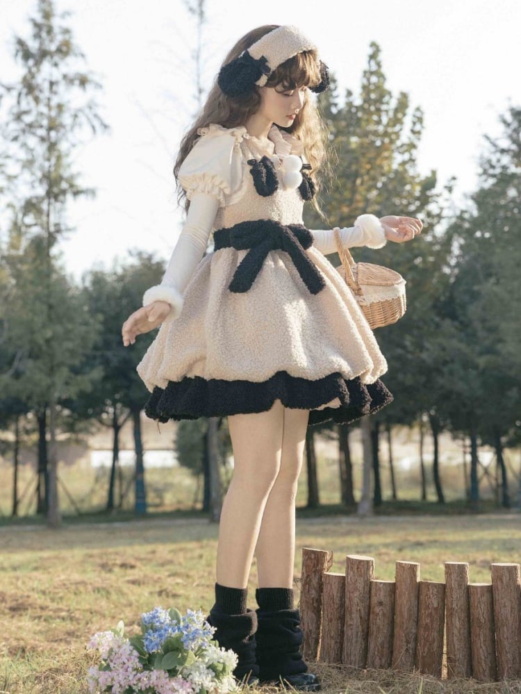 Winter Fleece Bubble Jumper Skirt Detachable Plush Lamb Ears