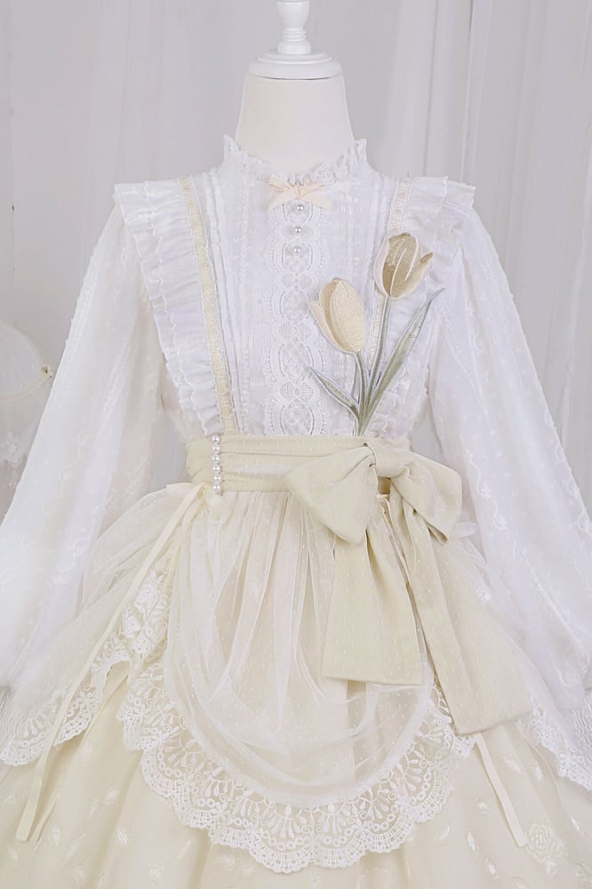 White and Yellow Tulip Embroidery Applique Bodice One Piece