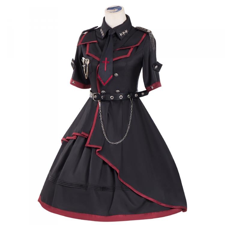 Black Gothic military cosplay dress with red trim