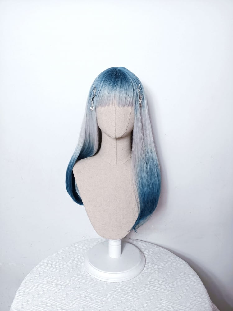 Long Straight Light Blue Ombre Hair Wig