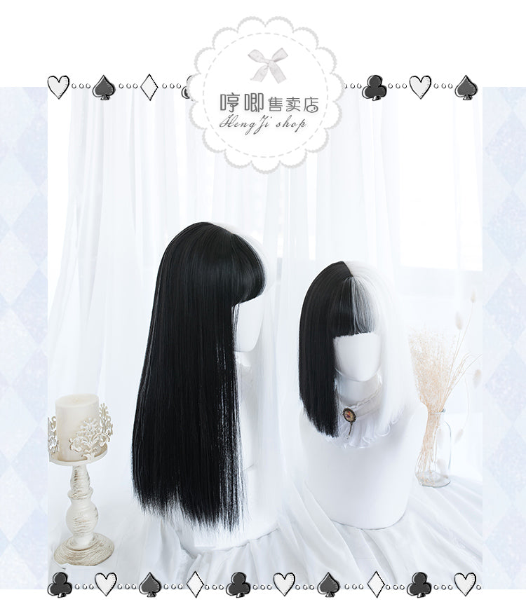 Split Maiden Black and White Long Straight / Short Straight Synthetic Wig