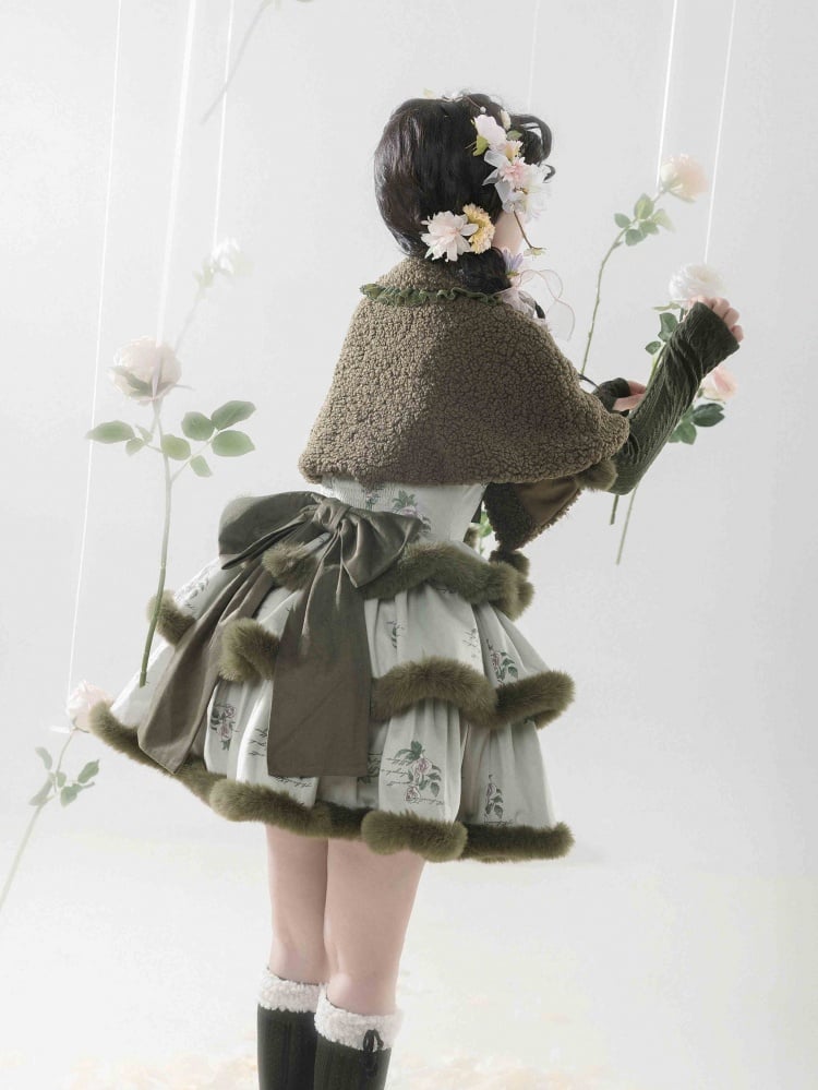 Rosette Print Green Plush Trim Tiered Jumper Skirt - Sukuroi