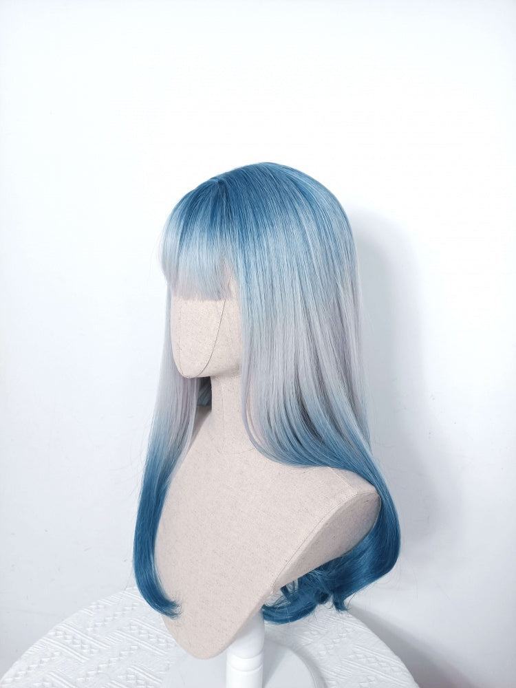 Long Straight Light Blue Ombre Hair Wig