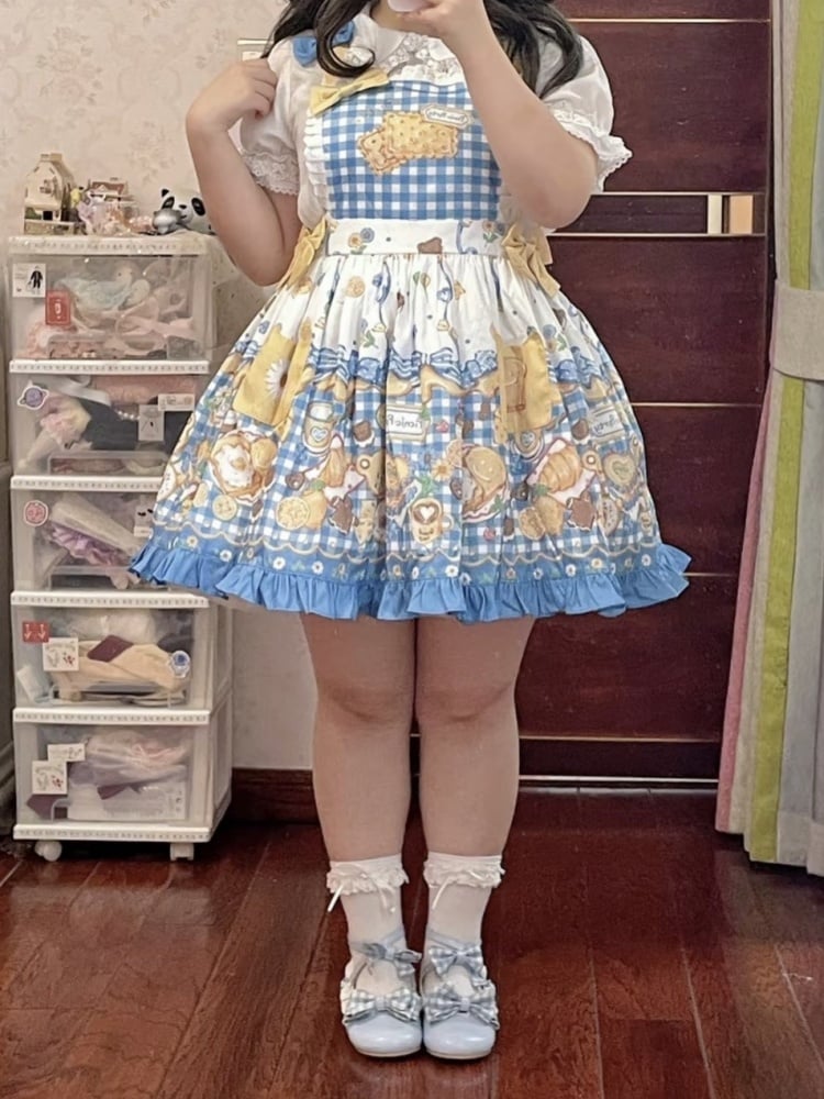Yellow and Blue Gingham Pattern Sweet Dessert Print Overalls