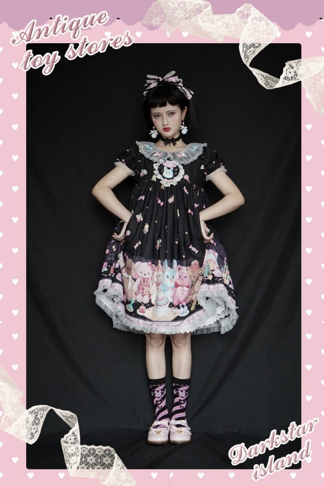 Antique Toy Stores Round Neckline Short Puff Sleeves Print Sweet One Piece