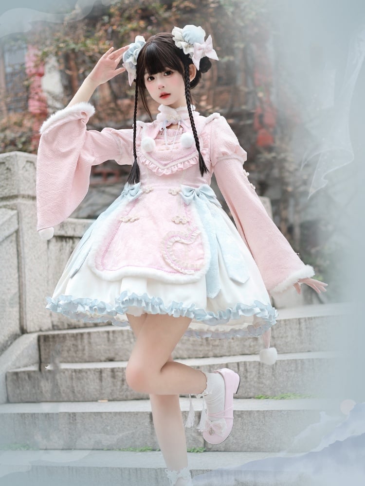 Pink High Waist White Plush Trim Neckline and Cuffs Qi One Piece - Sukuroi