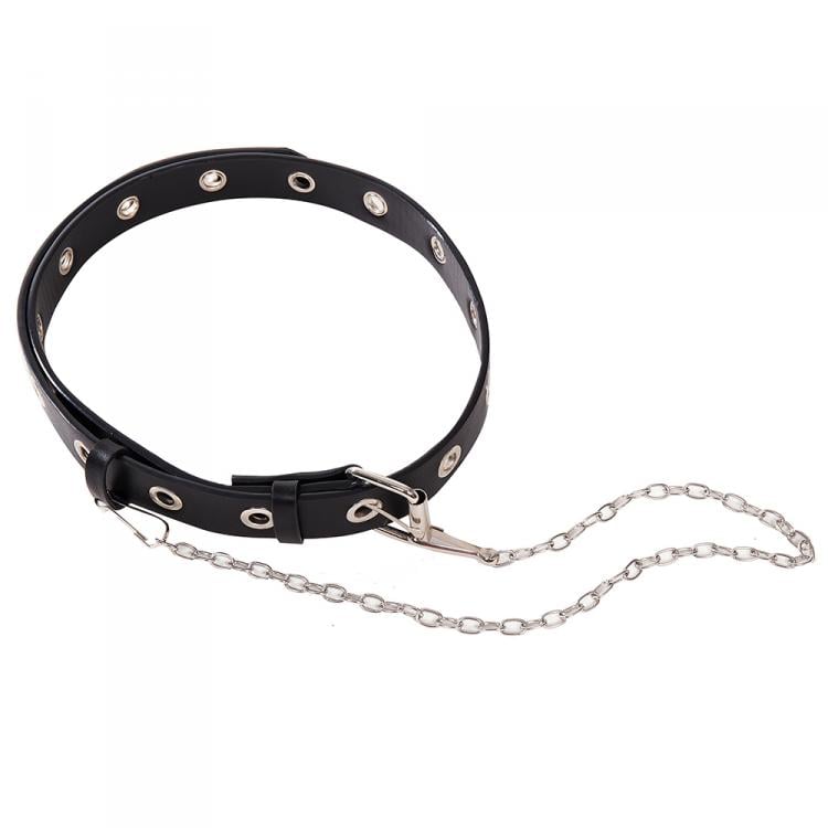 Black leather collar with a detachable metal chain