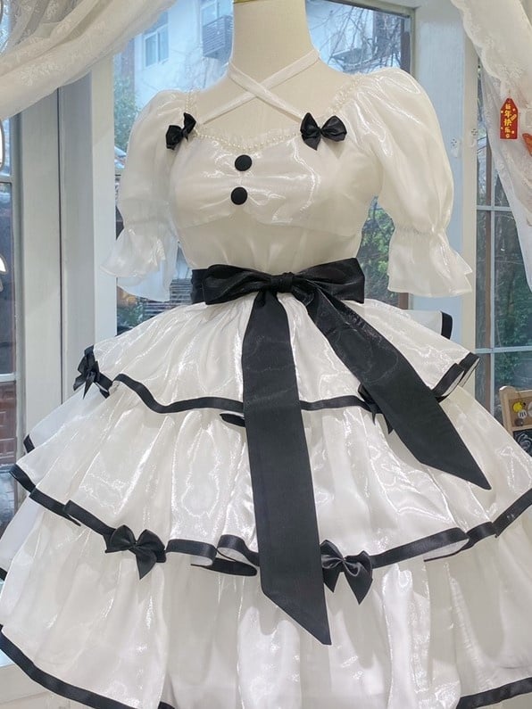 White Camellia /Black Rose Bowknot Details Short Sleeves One Piece