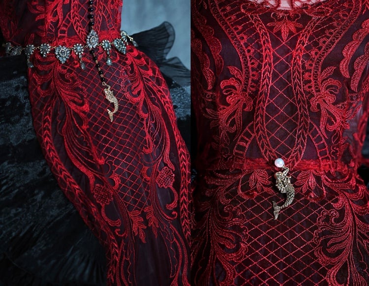 Black and Red Gorgeous Jumper Skirt Sweetheart Neckline Gothic Dress Full Set