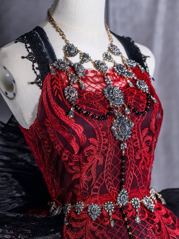 Black and Red Gorgeous Jumper Skirt Sweetheart Neckline Gothic Dress Full Set