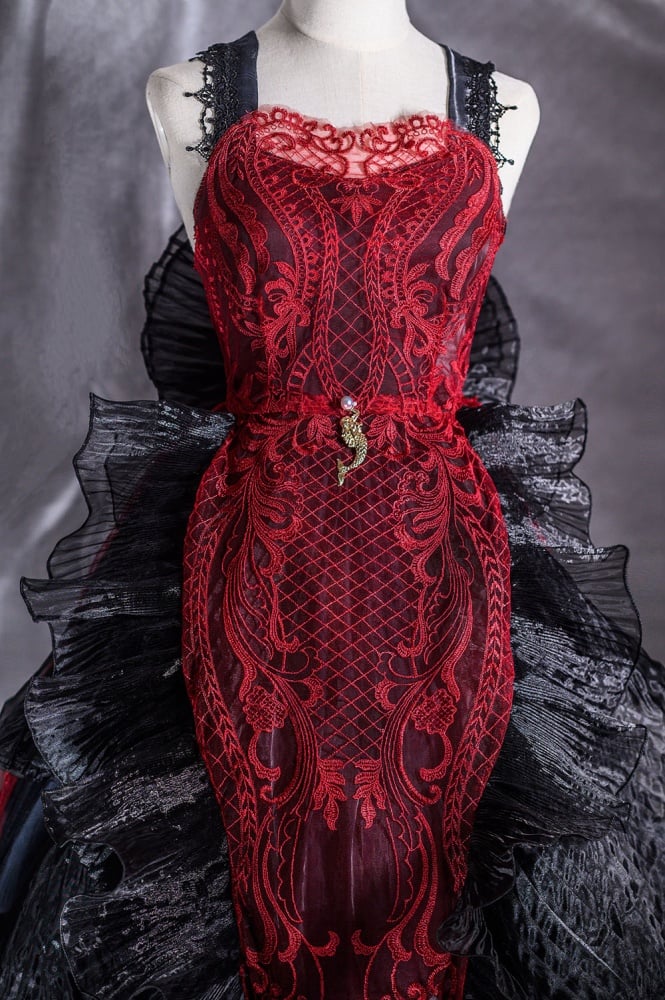 Black and Red Gorgeous Jumper Skirt Sweetheart Neckline Gothic Dress Full Set