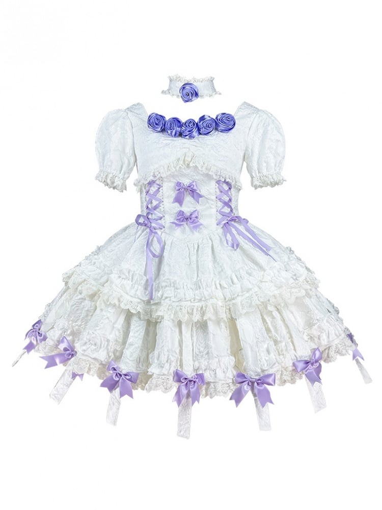 White Twins Short Puff Sleeves A-line Skirt Gothic One Piece Full Set