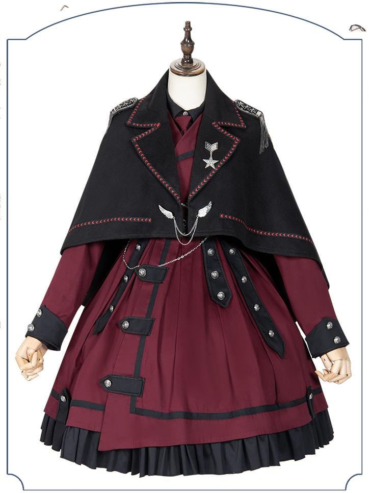 Military Style Outfits-Wine Red One Piece / Black Shirt / Black Cape