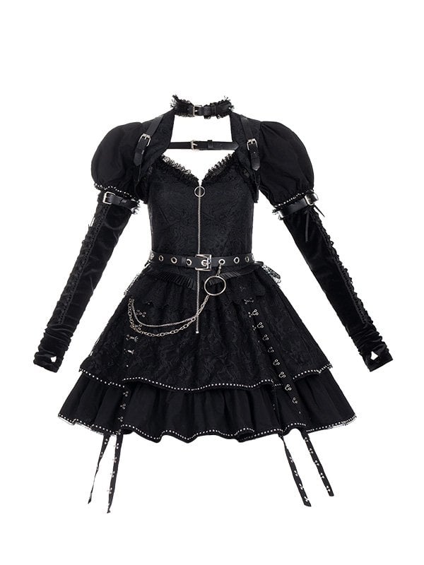 Imprisonment Zip V-neckline Tiered Skirt Punk Jumper Skirt / Top / Sleeves Full Set