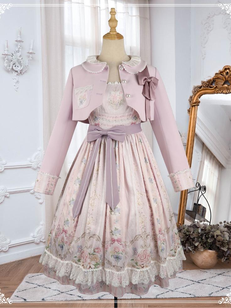 Tracery Wall Square Neckline Floral Jumper Skirt / Jacket Set