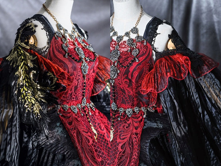Black and Red Gorgeous Jumper Skirt Sweetheart Neckline Gothic Dress Full Set