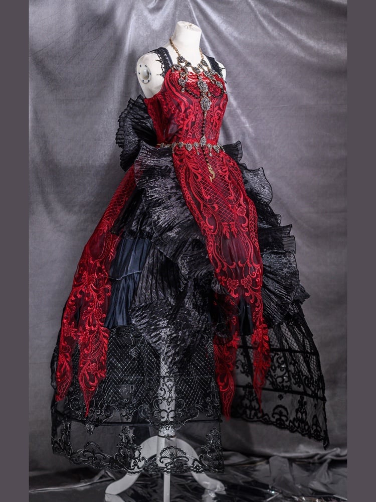 Black and Red Gorgeous Jumper Skirt Sweetheart Neckline Gothic Dress Full Set