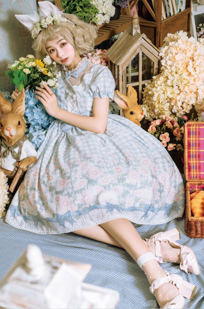 Margaret Floral Print Gingham Pattern Bowknot Details Short Sleeves One Piece