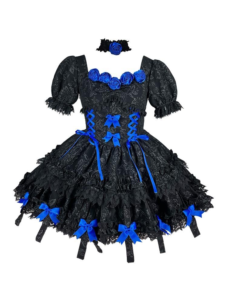 Black&Dark Blue Twins Short Puff Sleeves A-line Skirt Gothic One Piece Full Set
