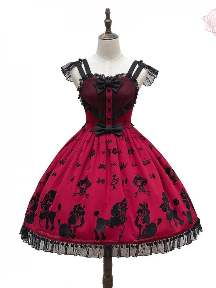 Red Cute Poodle Print Bowknot Sweetheart Neckline Jumper Skirt