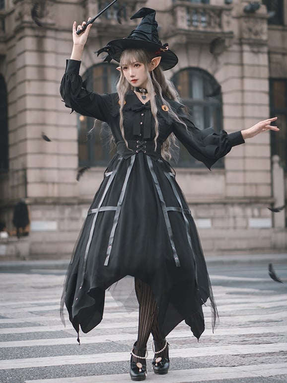 Cat Eyes Halloween Long Sleeves Irregular Hem Black One Piece Full Set