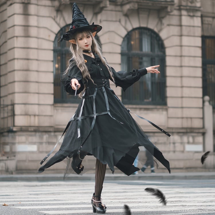 Cat Eyes Halloween Long Sleeves Irregular Hem Black One Piece Full Set