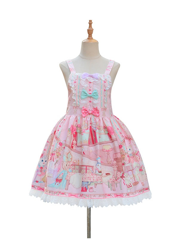 Ivory Kitty Tea Party Square Neckline Bowknots Detail Prints Lolita KC/ Overall Dress