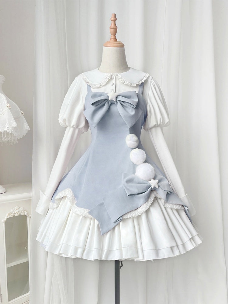 Winter Fairy Tale White and Blue Pompons Bowknot Details Jumper Skirt