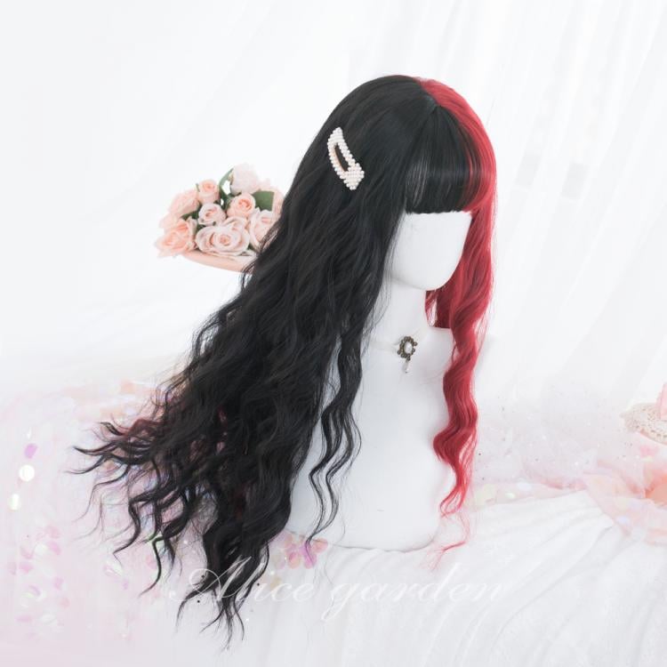 Melantha Half Black and Half Red Long Wavy Synthetic Wig With Bangs