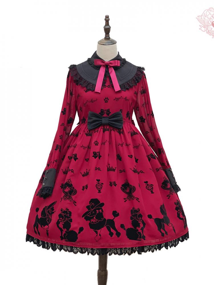 Red Cute Poodle Print Bowknot Details Lace Trim Long Sleeves One Piece