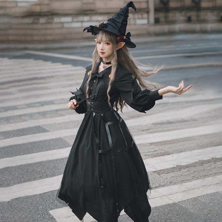 Cat Eyes Halloween Long Sleeves Irregular Hem Black One Piece Full Set