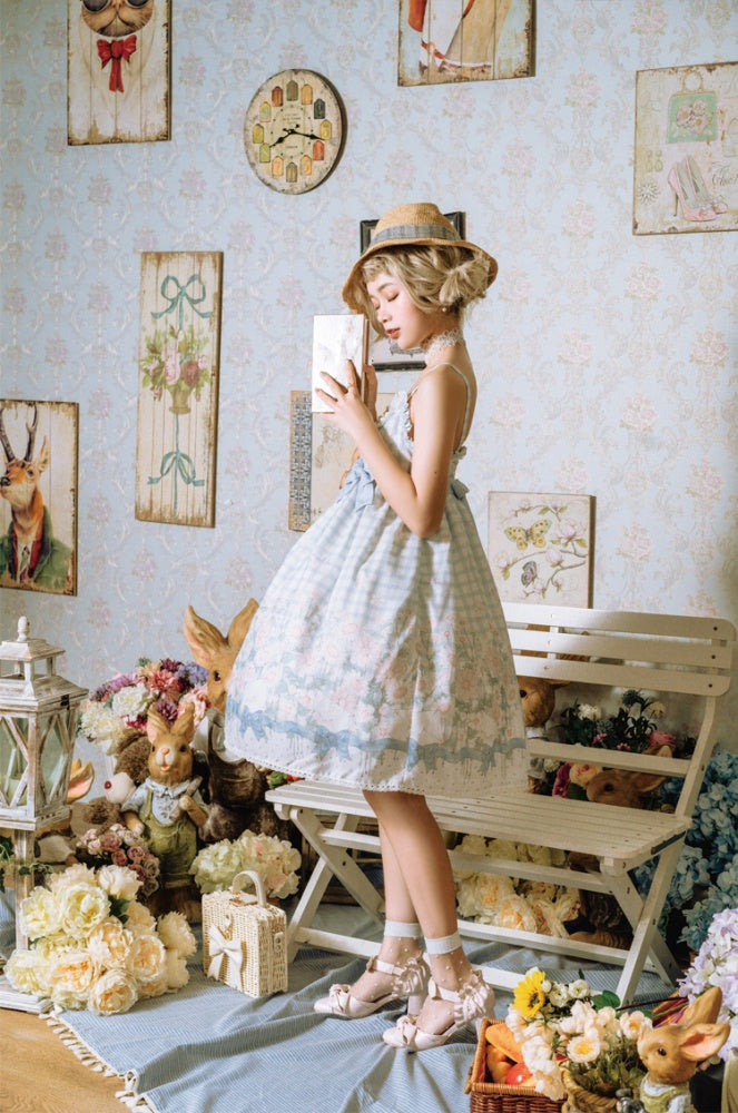 Margaret Floral Print Bowknot Details Gingham Pattern V-neck Jumper Skirt