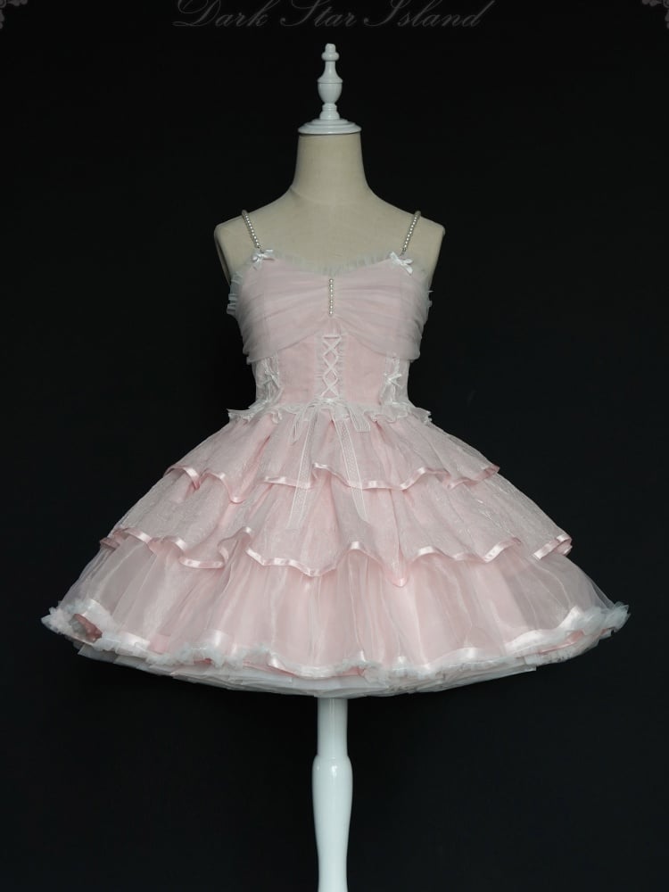 Clearance-Size L for Bust 90-100cm Pink Tiered Hem Jumper Skirt + Size M for Waist 70-100cm Petticoat Set