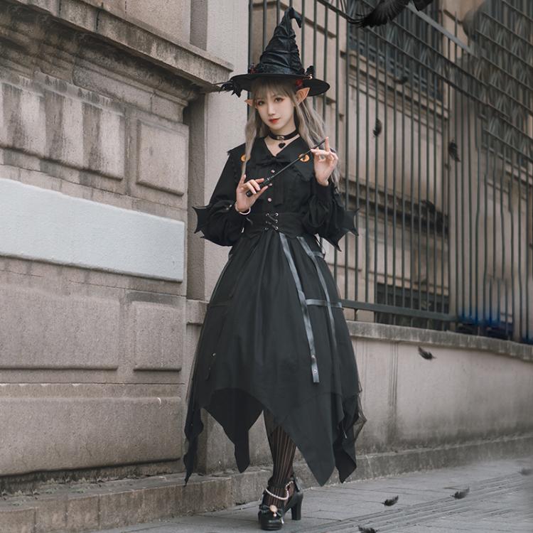 Cat Eyes Halloween Long Sleeves Irregular Hem Black One Piece Full Set