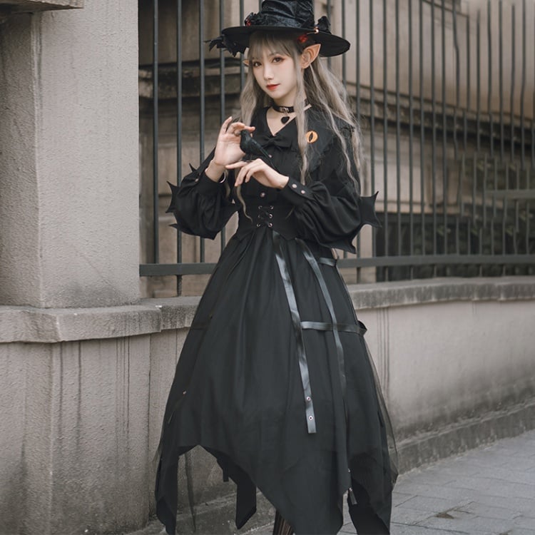 Cat Eyes Halloween Long Sleeves Irregular Hem Black One Piece Full Set