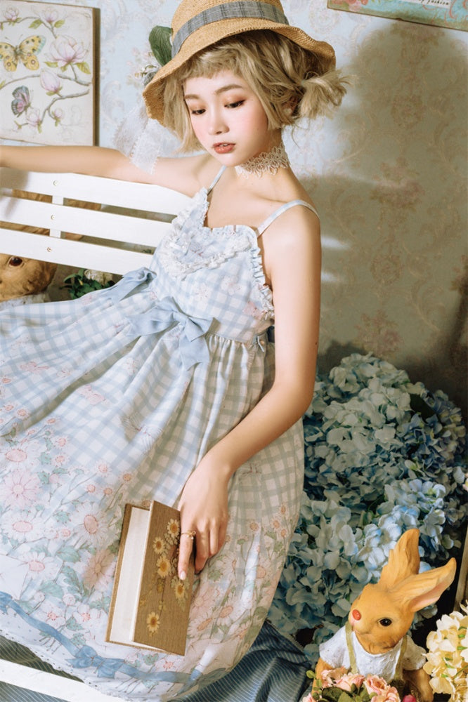 Margaret Floral Print Bowknot Details Gingham Pattern V-neck Jumper Skirt