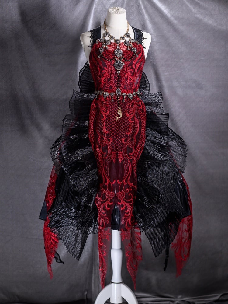 Black and Red Gorgeous Jumper Skirt Sweetheart Neckline Gothic Dress Full Set