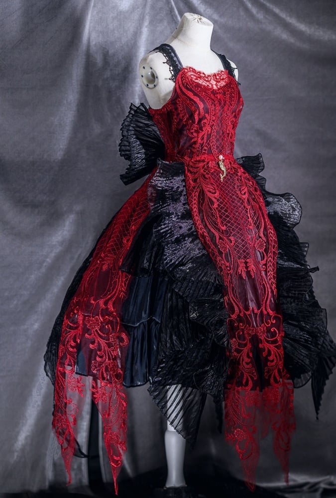 Black and Red Gorgeous Jumper Skirt Sweetheart Neckline Gothic Dress Full Set