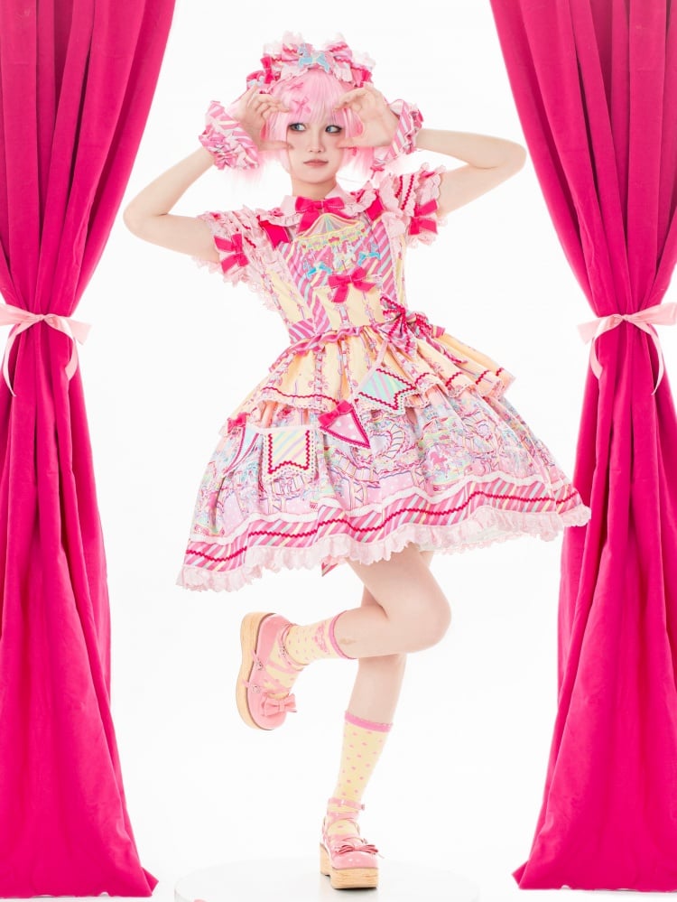 Sweet Yellow Carousel Embroidery Neckline Striped Pattern Jumper Skirt