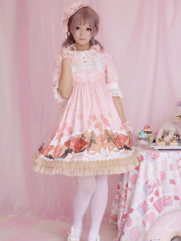 Plus Size Friendly Clocks Print Dress Pink Peter Pan Collar One Piece