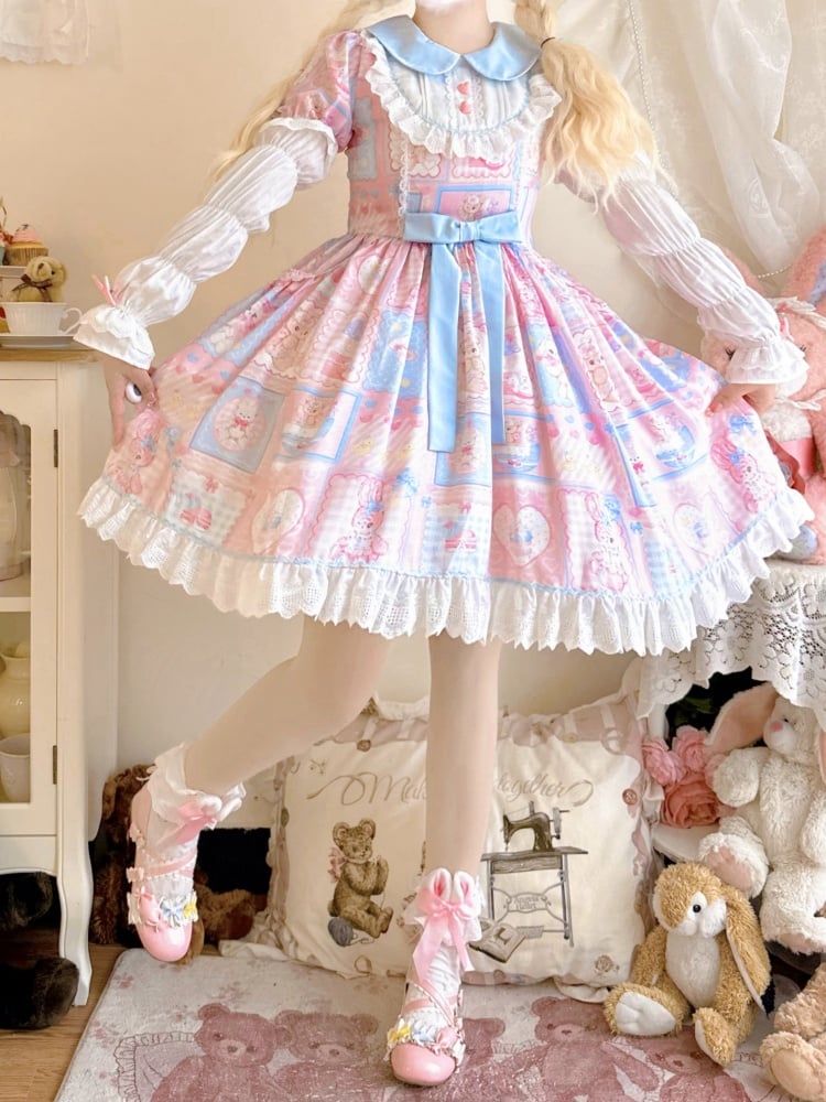 Pink Sweet Teddy and Bunny Print Peter Pan Collar One Piece