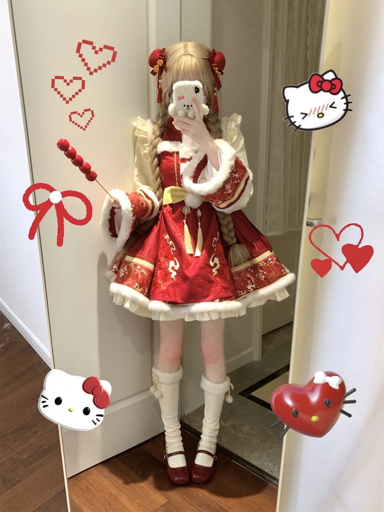 New Year Red Floral Embroidery One Piece Cheongsam Style Qi Lolita Winter Dress - Sukuroi