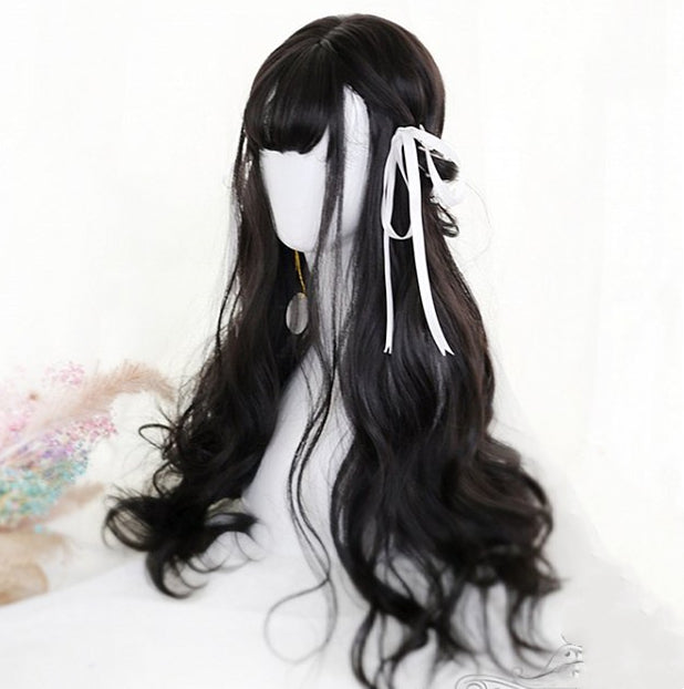 Sylvia Black Air Bangs Long Wavy Curly Synthetic Wig
